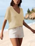 Short Sleeve Glitter V Neck Sweater Top for Women