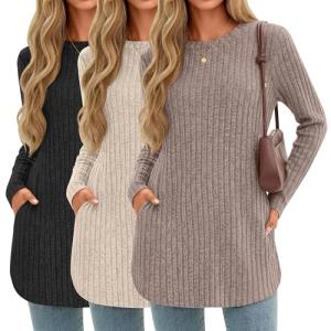Women's Long Sleeve Ribbed Sweater Tunics - 3 Pack