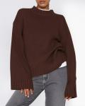 Brown Casual Crewneck Knit Sweater for Women