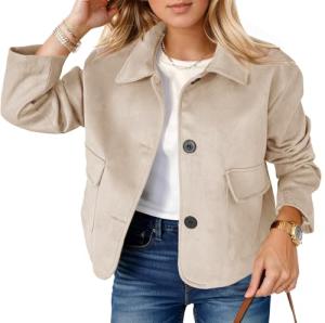 Beige Faux Suede Cropped Jacket for Women