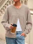 PRETTYGARDEN Fall Long Sleeve Cardigans for Women Trendy 2026 Lightweight Button Down Crewneck Loose Knit Sweater Clothes (Light Khaki,Large)