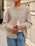 PRETTYGARDEN Fall Long Sleeve Cardigans for Women Trendy 2026 Lightweight Button Down Crewneck Loose Knit Sweater Clothes (Light Khaki,Large)