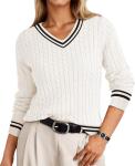 IEEILULU Cable Knit Sweater Women Soft V Neck Tops Long Sleeve Pullover Clothes Casual Trendy Outfits (US, Alpha, Large, Regular, Regular, White and Black)