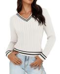 IEEILULU Cable Knit Sweater Women Soft V Neck Tops Long Sleeve Pullover Clothes Casual Trendy Outfits (US, Alpha, Large, Regular, Regular, White and Black)