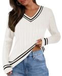 IEEILULU Cable Knit Sweater Women Soft V Neck Tops Long Sleeve Pullover Clothes Casual Trendy Outfits (US, Alpha, Large, Regular, Regular, White and Black)
