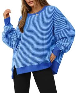 Fisoew Women's Oversized Sweatshirt Waffle Knit Striped Long Sleeve Crewneck Casual Loose Pullover Tunic Tops Blue