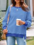 Fisoew Women's Oversized Sweatshirt Waffle Knit Striped Long Sleeve Crewneck Casual Loose Pullover Tunic Tops Blue