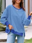 Fisoew Women's Oversized Sweatshirt Waffle Knit Striped Long Sleeve Crewneck Casual Loose Pullover Tunic Tops Blue