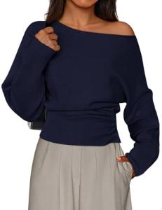 Off The Shoulder Knit Pullover Sweater - Navy