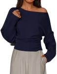 Off The Shoulder Knit Pullover Sweater - Navy