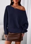 Off The Shoulder Knit Pullover Sweater - Navy