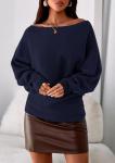 Off The Shoulder Knit Pullover Sweater - Navy