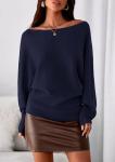 Off The Shoulder Knit Pullover Sweater - Navy