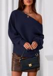 Off The Shoulder Knit Pullover Sweater - Navy
