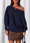 Off The Shoulder Knit Pullover Sweater - Navy