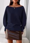 Off The Shoulder Knit Pullover Sweater - Navy