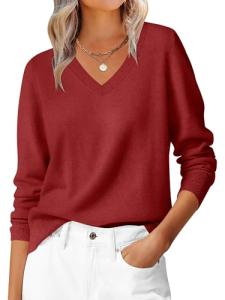 ANRABESS Women's V-Neck Long Sleeve Sweater Red