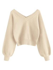 ZAFUL Women's V-Neck Cropped Long Sleeve Sweater