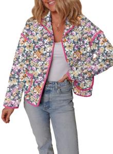 Dokotoo Womens Jackets Stand Collared Long Sleeve Drop Shoulder Pocketed Quilted Winter Jacket Coats Women Casual Soft Open Front Button Up Warm Floral Print Cropped Puffer Jacket Multicolour XL