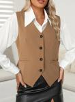 Dokotoo Womens Waitress Uniform Vest Waistcoat V-Neck Button-down Formal Business Suits Solid Color Versatile Tuxedo Suit Khaki Large