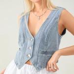 Women Y2K Button Down Denim Vest Sexy Sleeveless Denim Crop Top Low Cut Strapless Jean Corset Bustier Streetwear