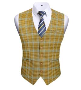 HISDERN Men's Suit Vest Formal Yellow Plaid Dress Waistcoat for Men Business Slim Fit Vests with 3 Pocket Vest for Suits or Tuxedo
