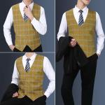 HISDERN Men's Suit Vest Formal Yellow Plaid Dress Waistcoat for Men Business Slim Fit Vests with 3 Pocket Vest for Suits or Tuxedo
