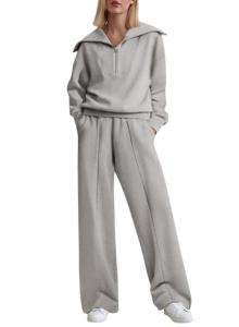 Aleumdr Two Piece Outfits Half Zip Sweatshirt Sweatsuit Fleece Lounge Sets for Women Matching Set Oversized Pullover Wide Leg Sweatpant Tracksuit 2024 Fall Fashion Travel Athletic Clothing Grey