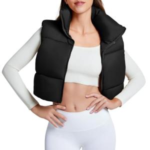 Zando Cropped Puffer Vest for Women Fashion Oversized Lightweight Winter Vest Outerwear Sleeveless Zip Up Stand Collar Vest Jacket Padded Gilet Puffer Coat with Pockets Black Medium