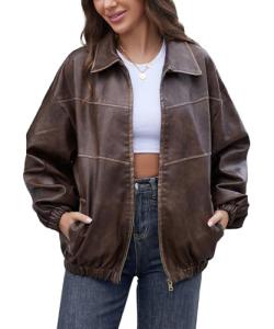 Bakyarder Womens Oversized Y2K Faux Leather Jackets Vintage Plus Size Fashion Motorcycle Coats Fall Fashion Outfits 2024 Coffee Medium