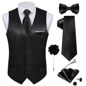 DiBanGu Mens Satin Suit Vest and Tie Set 8PCS Solid Waistcoat and Bowtie with Lapel Pin for Tuxedo Dress Vest Wedding Formal, Black, 3X-Large