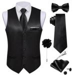 DiBanGu Mens Satin Suit Vest and Tie Set 8PCS Solid Waistcoat and Bowtie with Lapel Pin for Tuxedo Dress Vest Wedding Formal, Black, 3X-Large