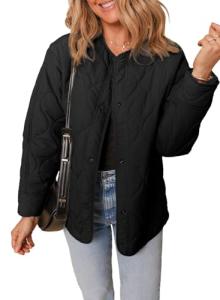 Dokotoo Puffer Jacket Womens Winter Casual Quilted Jackets Fashion Fall Button Down Long Sleeve Drop Shoulder Round Neck Padded Coats Oversized Warm Lightweight Outerwear with Pockets Black M