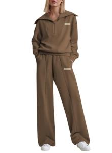 Aleumdr Two Piece Outfits Half Zip Sweatshirt Sweatsuit Fleece Lounge Sets for Women Matching Set Oversized Pullover Wide Leg Sweatpant Tracksuit 2024 Fall Fashion Travel Athletic Clothing Brown
