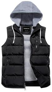 CREATMO US Men's Casual Padded Vest Coats Outdoor Heavy Duty Hooded Vest Sleeveless Jacket Black XL