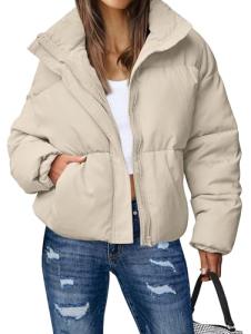 MEROKEETY Women's Long Sleeve Full Zip Puffer Coats Stand Collar Pockets Warm Padded Down Jackets, LightKhaki, S