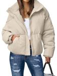 MEROKEETY Women's Long Sleeve Full Zip Puffer Coats Stand Collar Pockets Warm Padded Down Jackets, LightKhaki, S