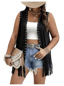Verdusa Women's Plus Size Fringe Vest Faux Suede Rivets Sleeveless Tassel Jacket Black 3XL