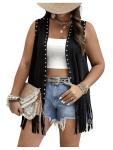Verdusa Women's Plus Size Fringe Vest Faux Suede Rivets Sleeveless Tassel Jacket Black 3XL