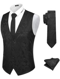 COOFANDY 3PCS Men's Suit Vest Set Business Formal Dress Waistcoat Vests with 3 Pockets, Black, L