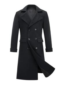 INVACHI Men's Long Trench Coat Double Breasted Cotton Blend Overcoat with Notch Lapel and Pockets Windproof Pea Coat