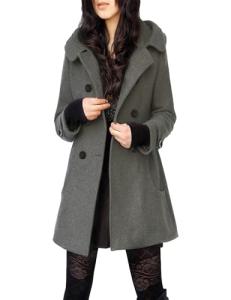 Tanming Women's Warm Double Breasted Wool Pea Coat Trench Coat Jacket with Hood (Grey-L)