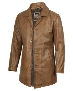 Men's Brown Leather Car Coat by Blingsoul