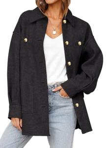 Dokotoo Women's Fall Oversized Long Sleeve Casual Shacket Jacket 2024 Button Down Cropped Trench Coats with Pockets,Black Large