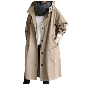 NAMTYQX Women's Trench Jackets Rain Jacket Loose Hooded Oversized Elegant Windbreaker Comfortable Coat Outwear Khaki
