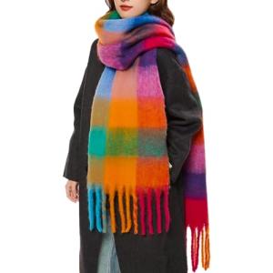 OUNIYA Large Chunky Plaid Scarf Checked Colorful Oversized Scarves Soft Big Cashmere Wool Thick Winter Warm Blanket Women (rainbow)