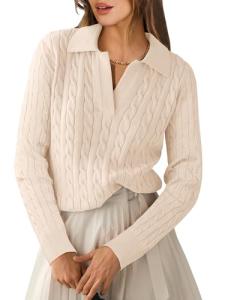Beige Cable Knit Long Sleeve Sweater for Women