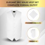 Oliver George 3pc Men's Vest | Vest and Tie Set For Men + Handkerchief | Men's Tuxedo and Suit Vest | Solid Formal Waistcoat | White Large