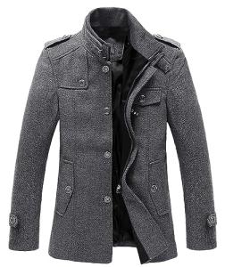 chouyatou Men's Winter Stylish Wool Blend Single Breasted Military Peacoat (Large, Gray)