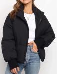 Gihuo Women’s Winter Warm Long Sleeve Zip Front Short Baggy Puffer Jacket with Pockets(Black-M)